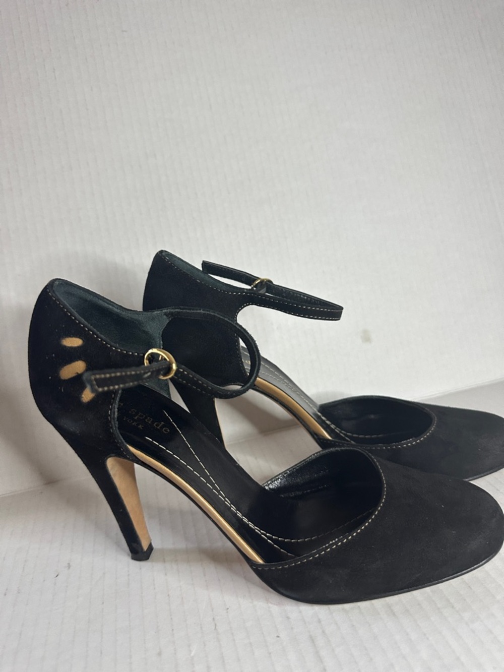 kate spade Black Suede Ankle-Strap Pointed-Toe Heels
